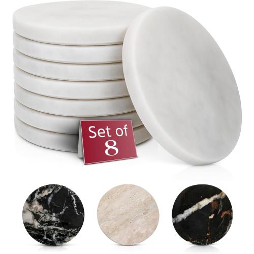 Gusto Nostro Marble Coasters Set of 8 - Modern Natural Stone Coasters for Drinks - Genuine Marble Kitchen Accessories, Round Artisanal Stone Coaster for Kitchen Counter, Coffee Table, Countertop