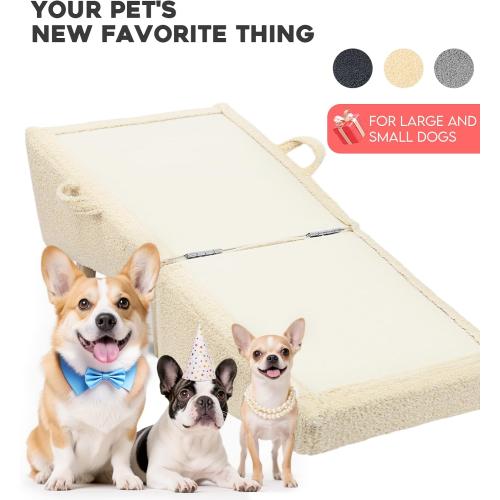 Dog Stairs for Small Dogs and Cats – 2-in-1 Dog Ramp for Couch and Low Bed, 16.5'' Foldable Wooden Pet Ramp, Sturdy Multi-Use Split Ottoman Design, Beige