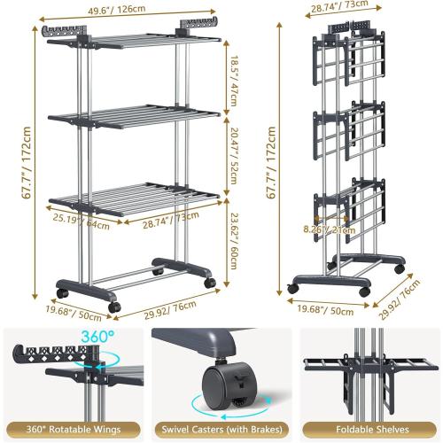 Upgraded 4-Tier Clothes Drying Rack, Drying Rack Clothing with Wheels | Large Foldable Laundry Drying Rack, Clothes Rack with Side Hooks for Indoor Outdoor Air Drying, 19.68D x 29.9W x 67.7H
