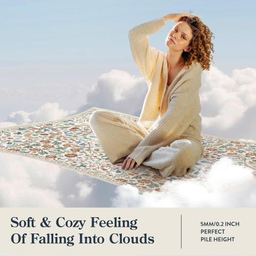 Lahome Floral 3x5 Beige Nursery Rug, Non-Slip Washable Area Rugs for Dorm Bedside Entryway, Botanical Soft Boho Carpet for Kids Room, Entrance Indoor