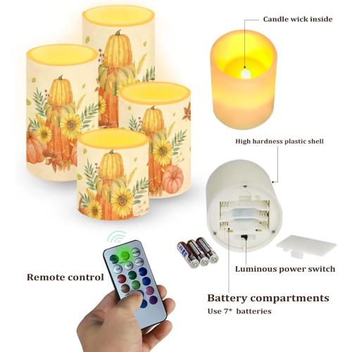 Merkmak 5.7 x 3 Battery Operated Candles with Timer 4Pcs Pumpkin Sunflower Maple Leaf Flameless LED Candles Bulk with Remote Thanksgiving Party Decor Electric Plastic Pillar Lights Bulk