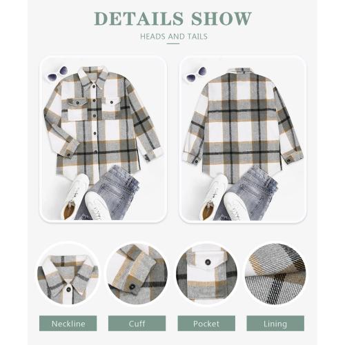 Double take Large Beaully Women's Flannel Plaid Shacket Long Sleeve Button Down Shirts Jacket Coats with Side Pockets