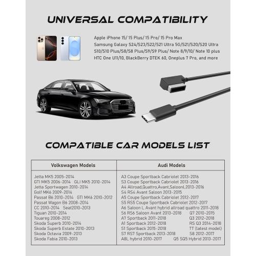 USB-C to AMI MMI Aux Cable for iPhone 16 / iPhone 15 and Other Type C Devices, Compatible with VW, Audi A3/A4/A5/A6/A7/A8/S4/S6/S8/Q5/Q7/R8/TT 2011-2016(3.3FT)