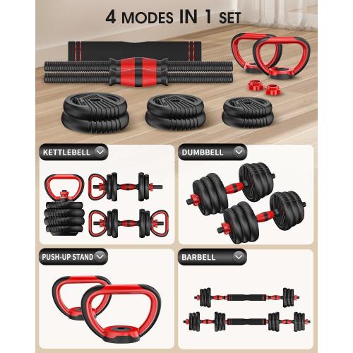 Adjustable Dumbbells, 10/20/30/45/70/90lbs Free Weight Set with Connector, 4 in1 Dumbbells Set Used as Barbell, Kettlebells, Push up Stand, Fitness Exercises for Home Gym Suitable Men/Women