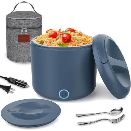 Electric Lunch Box Food Heater, 1.2L/41oz Heated Lunch Boxes for Adults, 12V/24V/110V Portable Food Warmer for Car/Truck/Office With Fork Spoon and Insulated Carry Bag（Blue）