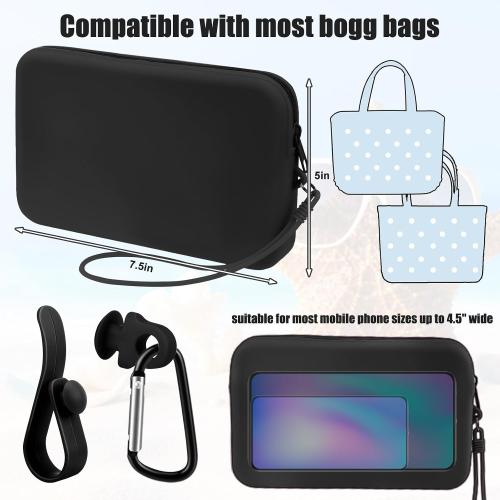Silicone Phone Holder for Bogg Bag, Soft Silicone Insert Wallet Charm with 2 Pcs Key Holder for Bogg Bags Accessories, Attachment for Bogg Beach Bags Tote Bag Fits for iPhone Android Phones (Black)
