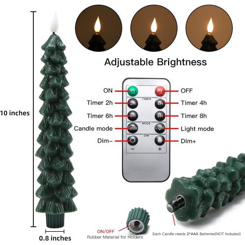 Fo32won Christmas Tree Shaped Flameless Candlesticks Battery Operated with Remote and Timer, Set of 4 Real Wax LED Taper Candles with 3D Flickering Wick for Christmas Decoration Gift