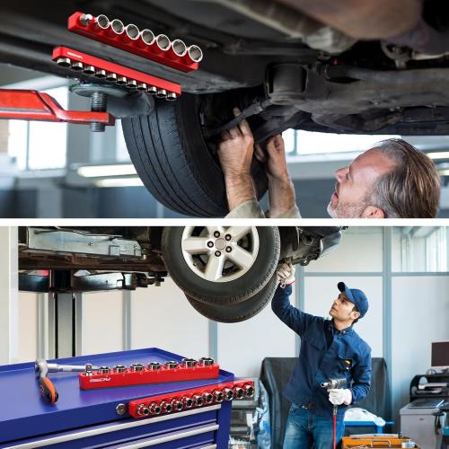 2-Piece 1/2-Drive Metric Magnetic Socket Organizer Set (Holds 19 Sockets) - Detachable Tool Tray with 5mm Magnetic Base, Screw-Fixed Design & Heavy-Duty Modular Storage for Garage/Home Workshop