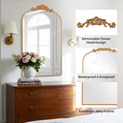 Filigree Arched Wall Mirror 26x38 Retro Wall-Mounted Mirror with Vintage Ornate Carved Applique Hanging Leaning Antique Home Decor Mirror for Fireplace Living Room Entryway Hallway Bathroom, Gold