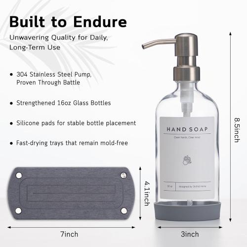 [Luxury] Kitchen Soap Dispenser Set - 16OZ Clear Glass Bottle, Stainless Steel Pump, Instant Dry Tray, Waterproof Labels, Non-Slip Silicone Pad, and Dish Brush | Upgrade for Your Kitchen and Bathroom