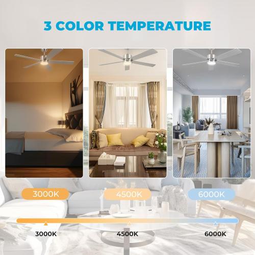 Silver 52 Modern Ceiling Fan with Lights, Remote, 6-Speed DC Motor, Reversible Blades, Matte Finish, Indoor/Outdoor Use