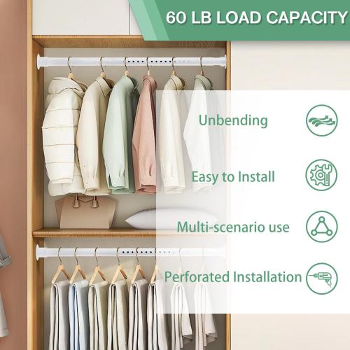 Closet Rods for Hanging Clothes, 1.3 Inch Diameter Heavy Duty Closet Rod 17-39 Inch Adjustable Clothes Hanging Bar Matte White Shower Curtain Rods for Closet, Wardrobes, Bathroom, Windows