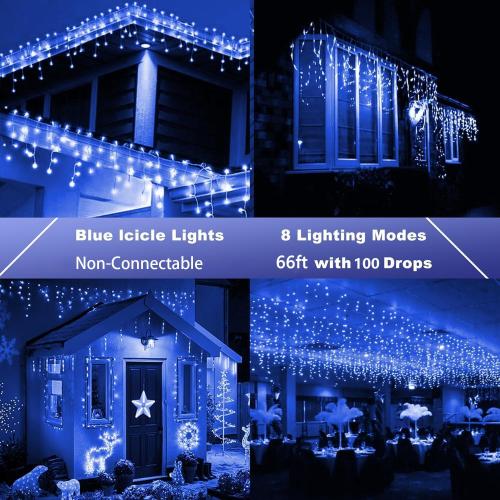 Joomer Christmas Icicle Lights - 66FT String Lights Outdoor Waterproof, 8 Modes Timer Connectable Plug-in String Light for Eaves, Roofs, Christmas Decorations (Blue, Non-Connectable)
