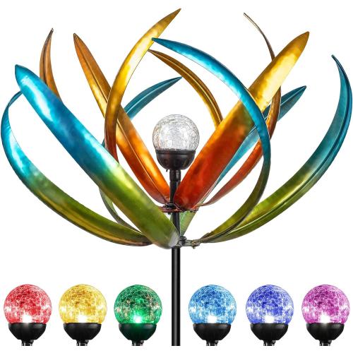 Large Solar Wind Spinners for Yard and Garden-82.6 Inch 360° Metal Wind Sculptures Outdoor Clearance Kinetic Windmills with Multi Color Led Glass Ball