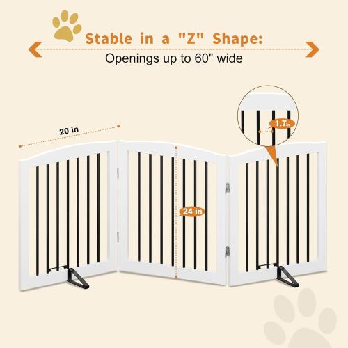 Freestanding Wooden Pet Gate for House, Foldable Indoor Dog Gate for Doorways, Stairs - 24 Height, 3 Panels, White