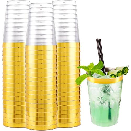 I00000 200 Pack Gold Plastic Cups, 10 oz Clear Plastic Cups Gold Rimmed Disposable Wine Glasses Fancy Disposable Party Cups Wedding Cups Drinking Tumblers Plastic Cocktail Glasses with Gold Rim