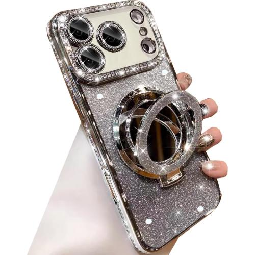 Changjia Magnetic Kickstand Glitter Case for iPhone 17 Pro,[Compatible with Magsafe] Cute Bling Sparkly Rhinestones with Camera Protector &Makeup Mirror Women Girls Case for iPhone 17 Pro 6.3, Silver