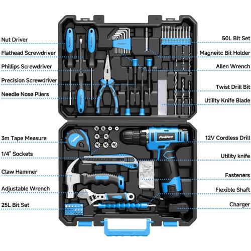 PULITUO Tool Set, 149-Piece Home Drill Set with Blue 12V Cordless Drill, Tool Box, Hand Tool Kits for Women & Men and DIY Enthusiasts, for Home Improvement