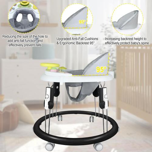 Foldable Baby Walker for Boys and Girls, 5-in-1 Baby Walker with Wheels, Adjustable Height Toddler Activity Walker with Music Tray, Detachable Seat and Mute Anti-Rollover Baby Walkers for 8-24 Months