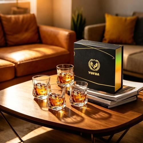 Whiskey Glasses, 7 oz Bourbon Glasses Set of 4 Square Bottom, Old Fashioned Glass for Drinking Cocktail Scotch Cognac, Luxury Whiskey gift for Men,Festival Gift