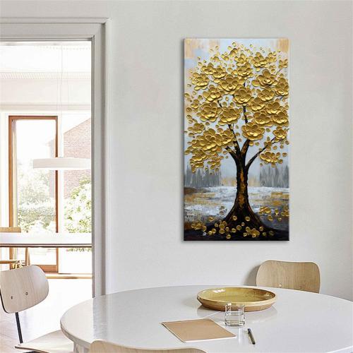 zoinart 3D Modern Oil Paintings, Gold Fortune Tree Painting, Abstract Vertical Canvas Wall Art, Floral Wall Painting for Dining Room Hallway Living Room Wall Decor 48x24 Inches