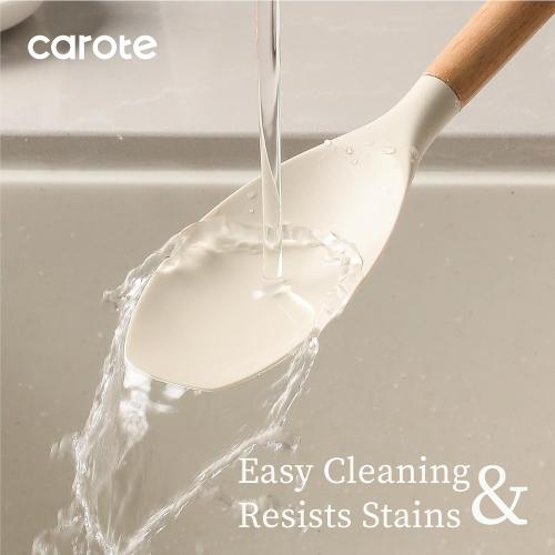 Cream White 10Pc Set CAROTE Silicone Cooking Utensils Set, Kitchen Utensils Set 10 Pcs for cooking, BPA Free Spatula Set with Heat Resistant Wood Handles for Nonstick Cookware (Cream White)