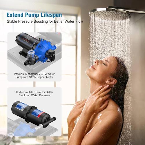 CrestWave RV Water Pump 110V AC 7GPM 70PSI and 1L 125PSI Pre-Pressurized Accumulator Tank, Quiet Water Transfer Pump and Accumulator Tank System for Home Water System, Irrigating & Industrial Settings