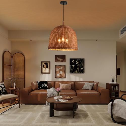 3-Light Dark Curry Rattan Pendant Light,17.7 Rustic Hanging Light,Brown Wicker Pendant Light Hand-Woven Rattan Chandelier for Workplace Restaurants Dining Living Kitchen Farmhouse