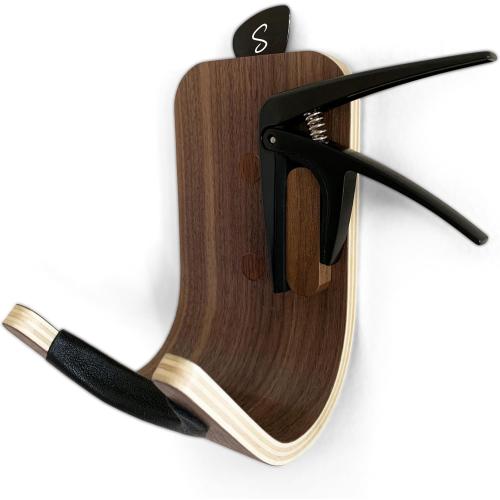 Guitar Wall Mount Hook: Modern Design Walnut Wood Guitar Hanger for Storage & Display. Heavy Duty Ply Guitar Holder for The Wall. Hangers Stand for Acoustic Guitars, Ukulele, Bass, Violin, Cello