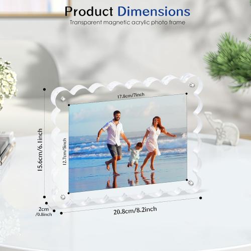 2Pack Acrylic Magnetic Photo Frame 5x7 Inch - Sleek Scalloped Design, 10 10mm Thick Crystal Clear Block, Freestanding Double-Sided Magnet |Trendy Home Gift (2 Pack, 5X7)