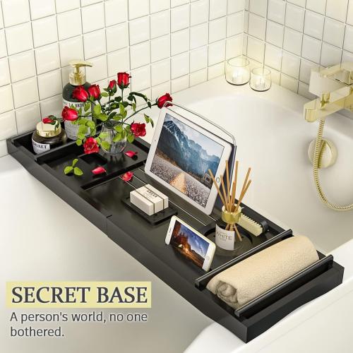 Black Bath Caddy Tray for Bathtub - Bamboo Adjustable Organizer Tray for Bathroom with Free Soap Dish Suitable for Luxury Spa or Reading(Black)