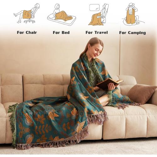 Boho Throw Blanket for Bed 100% Cotton Soft Quilt Lightweight Blanket Bird Floral Embroidery Farmhouse Room Decor Twin Bed Blankets,60×80 All Season Breathable Throw for Sofa&Couch Chair