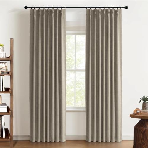100% Blackout Shield Linen Look Textured Pinch Pleated Curtains Blackout Drapes 90 Inch Long 2 Panels Set, Faux Linen Blackout Curtains for Bedroom & Living Room, 40 W x 90 L, Dark Faux Linen