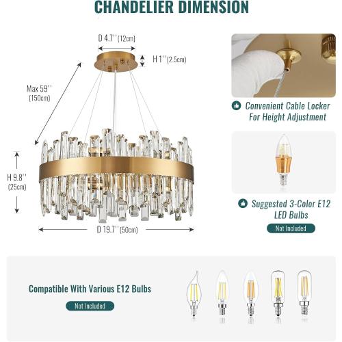 Siljoy 12-Light Modern Crystal Chandelier, Luxury Brushed Gold 2-Tiers K9 Crystal Raindrop Chandelier, Elegant Dimmable Crystal Chandelier Ceiling Light for Dining Living Room Kitchen D19.7''