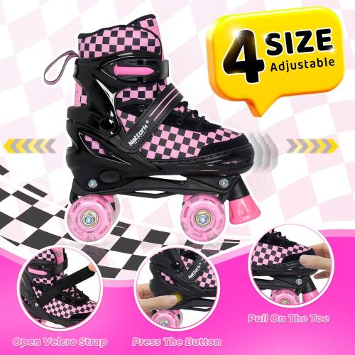 Nattork Adjustable Roller Skates for Kids Teens, Illuminating Wheels Roller Quad Skates with Checkerboard Design for Boys Girls