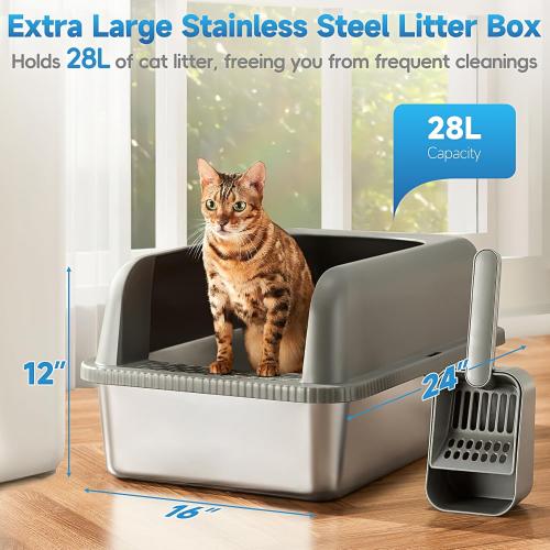 2 Pack Stainless Steel Cat Litter Box with Lid, XL Extra Large Metal Box for Big Cats, 24 L x 16 W x 12 H, Enclosed Litter Box High Sided, Non-Sticky, Include Litter Scoop