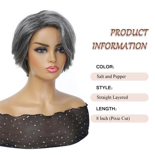 HUA Grey Human Hair Pixie Cut Wigs for Black Women - Mixed 8 Inch Short Salt and Pepper Straight Layered Grey Wigs with Natural Wave