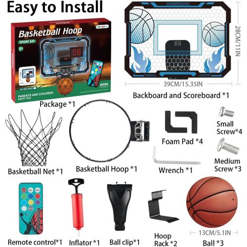 Indoor Basketball Hoop for Kids with Led Lights Mini Basketball Hoop with Remote Control Over The Door Basketball Hoops with Scoreboard Basketball Toys for 4-12 Year Old Boys Girls