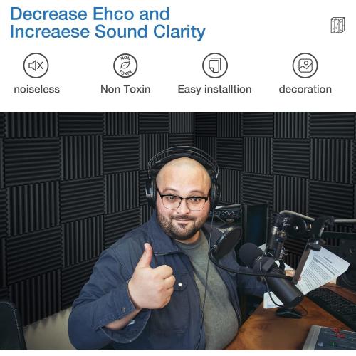 48 Pack Self-Adhesive Acoustic Panels - 1”X 12”X 12”Wall Panels - Quick-Recovery and High Density Sound Panels - Sound Proof Acoustic Foam for Home Studio - Black