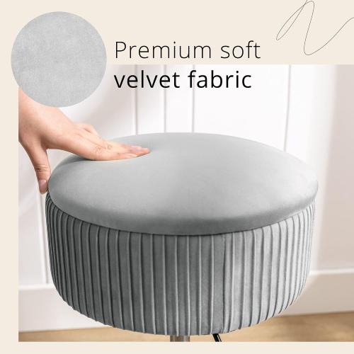 360°Swivel Vanity Stool Chair for Makeup Room, Height Adjustable Stool for Vanity with Storage, Small Grey Velvet for Bathroom, Living Room