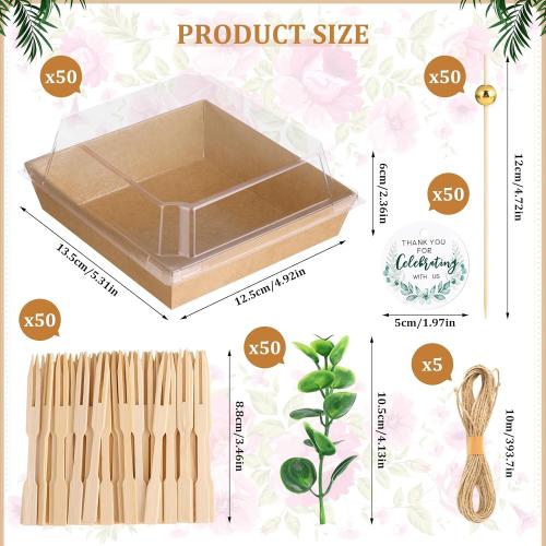 VAIPI 50 Sets Charcuterie Boxes with Clear Lids, Wedding Cake Boxes for Guests Paper Disposable Food Containers with Thank You Cards, Eucalyptus Leaves and Toothpick for Party Bakery Sandwich Salad