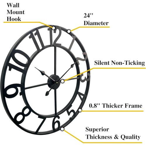 CLXEAST 24 Inch Wall Clocks for Living Room Decor, Large Black Metal Wall Clock Battery Operated, Silent/Non Ticking, Regular Arabic Numeral