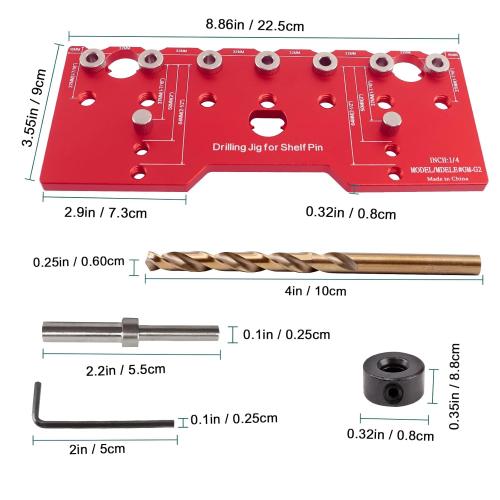 Shelf Pin Jig, 6mm Cabinet Adjustable Drill Guide, 1/4 Inch Aluminum Shelf Pin Drilling Jig Drilling for Straight Hole Shelf Pin Drilling Template Woodworking Tools, Red