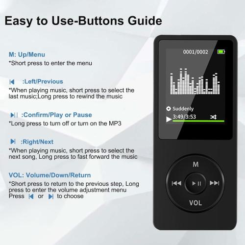 MP3 Player with Bluetooth 5.0, 1.8 inch Screen Portable Music Player with HD Speaker, HiFi Music Supports FM Radio, Voice Recorder, Supports Expanded Up to 128GB(Black, 32GB)