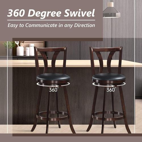 COSTWAY Bar Stools Set of 2, 360-Degree Swivel Stools with Leather Padded Seat, Single Slat Back & Solid Rubber Wood Legs, Counter Height Stools for Pub, Restaurant, Kitchen, Brown (2, 29inch)