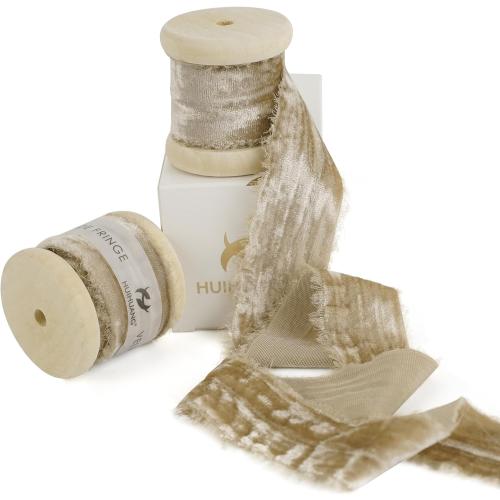 HUIHUANG Khaki Velvet Ribbon 1 inch Tan Frayed Velvet Ribbon Crinkled Silk Velvet Ribbons for Gift Wrapping, Floral Bouquet, Ornaments Crafts, Christmas Tree Decoration, Wreaths, Fall Decor