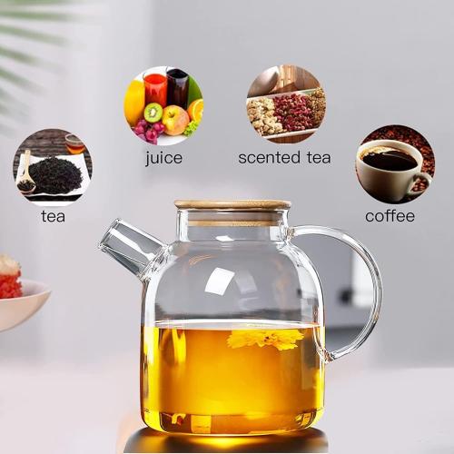 Glass Tea Pot Kettles Stovetop Safe, 60.8oz/1800mL Heatproof Borosilicate Glass Teapot Water Pitcher With Bamboo Lid and Removable Filter Spout for Loose Leaf and Blooming Tea