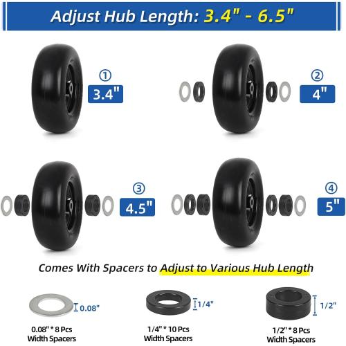 11x4.00-5” NHS Flat Free Lawn Mower Tire and Wheel with 3/4 or 5/8 Bushings, 3.4-4-4.5-5 Centered Hub, Smooth Tread Tire for Zero Turn Mowers, 2 Pack