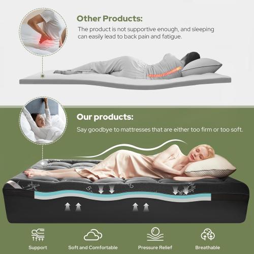 BEDLORE 4 Inch Memory Foam Mattress Topper King,2-in-1 Dual Layer Design (2 Gel Memory Foam   2 Plush Pillow Top Cover) Mattress Topper Medium-Firm,Pressure Relief & Back Pain Support(Dark Gray)