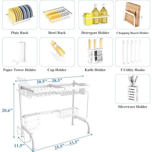 Over The Sink Dish Drying Rack, Adjustable (25.5 to 36.5 inch) 2 Tier Metal Steel Dish Drying Racks for Kitchen Counter with Hooks Paper Towel Utensil Cup Holder Sink Caddy (White)